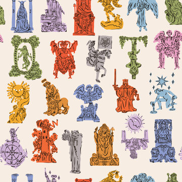 Tarot Cards. Major arcana. Unique colorful style. Trendy design. Hand drawn Vector illustration. Pack of spiritual signs. Occult, alchemy, esoteric, magic mystery, prediction concept. Seamless Pattern