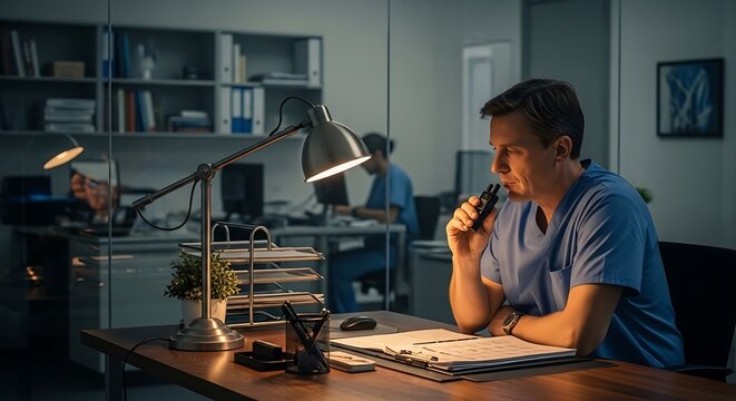 Surgeon dictating notes at desk with lamp and computer in hospital office