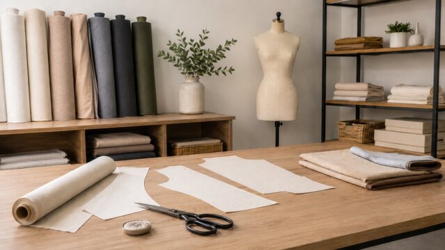 Minimal Sewing Workshop Interior with Fabric Rolls and Blank Patterns