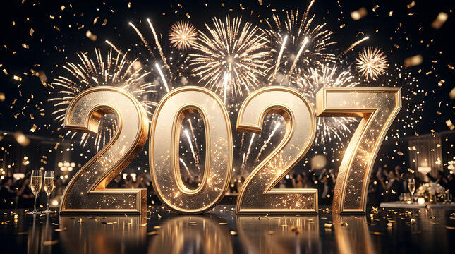 Gold numbers with fireworks in the night sky for festive event celebrations. Ideal for new years eve party invitations.