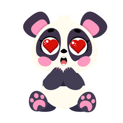 Fototapeta premium Cute giant panda illustration with red hearts in eyes sitting isolated on white background lovely bear character design for kids valentine day cards nursery prints and stickers