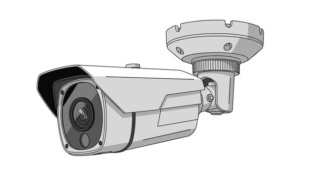 Modern white surveillance camera for outdoor security and monitoring mounted on a bracket with a wide angle lens for home protection.