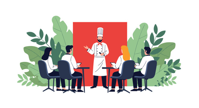 Professional chef in a white uniform and hat giving a cooking demonstration to four students in a modern kitchen or classroom setting.