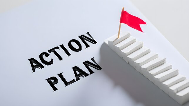 Action plan concept with staircase and red flag on white background