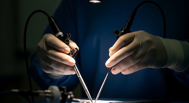 Skilled Surgeon's Gloved Hands Manipulating Precise Surgical Instruments During Operation