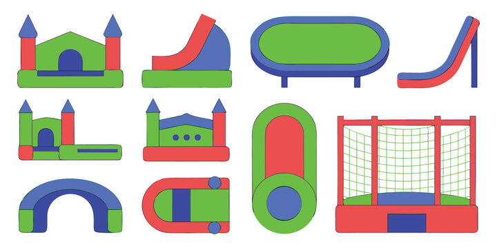 Inflatable Bouncy Castle Icon Set with Colorful Trampolines, Kids Play Slides, and Amusement Park Attractions Flat Vector Illustration.