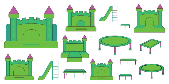Inflatable Bouncy Castle Icon Set with Green Trampolines, Kids Play Slides, and Amusement Park Attractions Flat Vector Illustration.