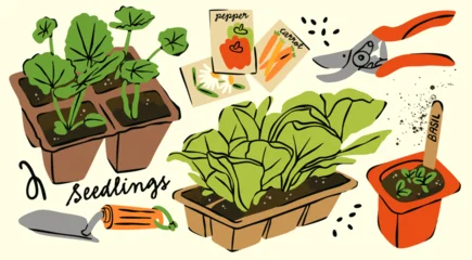 Spring Garden set. Gardening tools, sprouts, green baby plants, seedlings, seeds, containers, pots, soil. Equipment for replanting plants. Hand drawn Vector illustration. Isolated design elements © Dariia