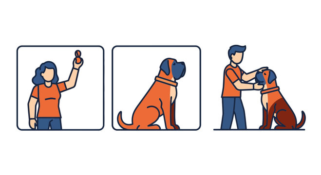 Dog obedience training steps with person and large pet illustration
