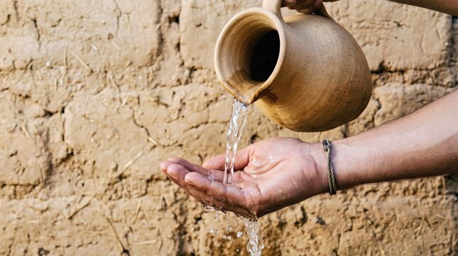 Hand Pouring Water From a Clay Pitcher Against a Mud Brick Wall