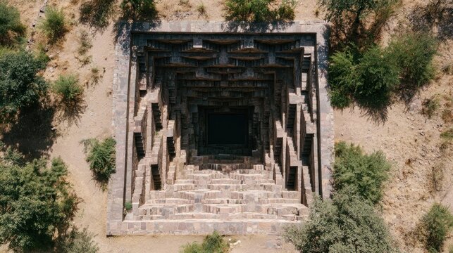 Ancient stone stepwell in arid landscape aerial view