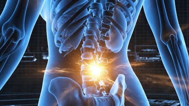 3d medical illustration of human lower back pain, highlighting the lumbar spine area with a glowing light effect representing inflammation or injury