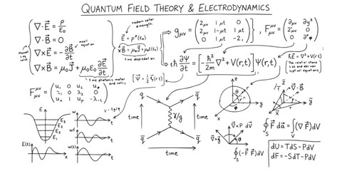 Handwritten physics equations for quantum field theory and electrodynamics on a blackboard ©  Designer