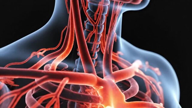3d medical illustration of the human circulatory system showing the heart, aorta, and major arteries in the chest and neck area