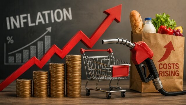 Rising inflation and increasing living costs with fuel prices groceries and economic pressure trends