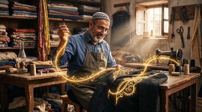 Skilled Male Tailor Hand-Stitching Garment with Magical Golden Threads