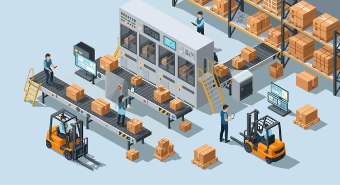 Isometric High-tech food packaging facility showcasing automation and team collaboration in clean industrial setting.