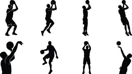 Basketball Player Shooting Silhouette Collection with Jump Shot Dribbling and Scoring Action Poses © uzzala