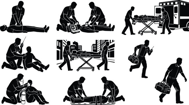 Collection of emergency medical service silhouettes featuring paramedics providing life-saving care and urgent response operations