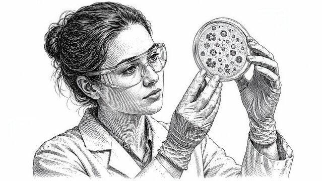 Female scientist examining petri dish with microbial culture engraving sketch laboratory research illustration