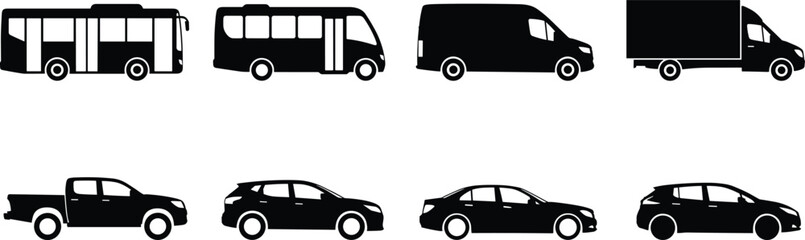 Commercial Vehicle Silhouette Collection with Bus Van Truck Pickup and Passenger Cars Vector Set © uzzala