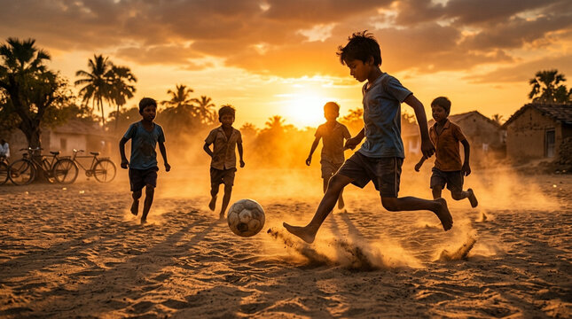 Group of young South Asian boys playing soccer on a dusty dirt field in a rural village during a golden hour sunset with palm trees and small houses in the background.