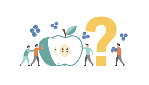 Team of people evaluates a giant sliced apple surrounded by blueberries and a large yellow question mark graphic.
