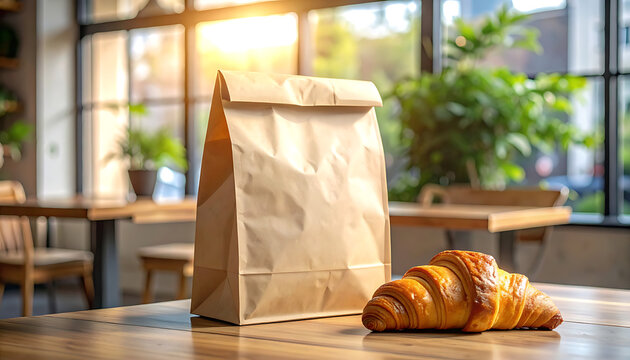 Fresh Croissant Next To Brown Paper Bag On Wooden Table In Sunlit Cozy Cafe Interior