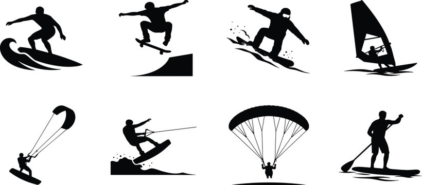 Black Silhouette Vector Set of Extreme Sports and Outdoor Activities