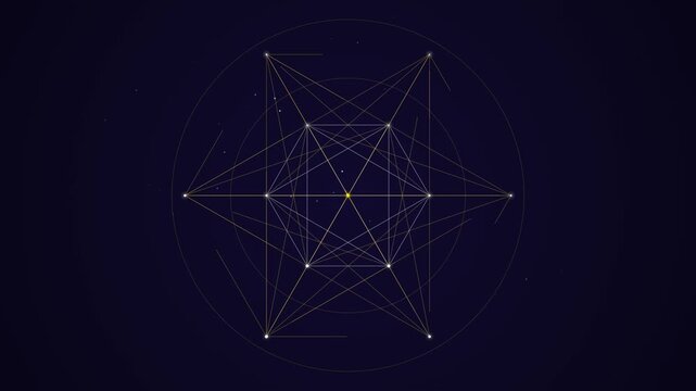 Abstract animation of glowing nodes connecting to form sacred geometry star constellation on dark background.