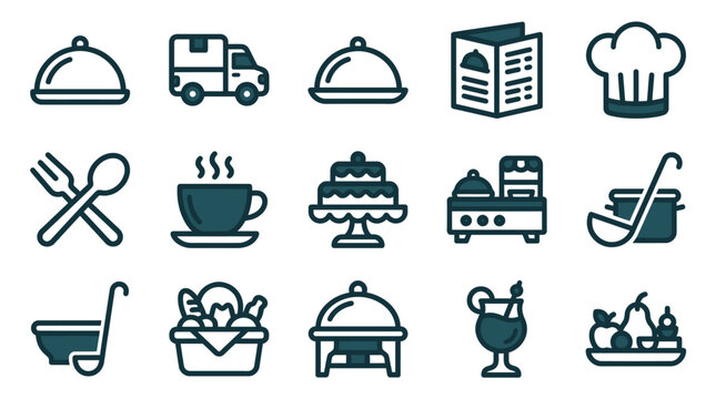 Collection of restaurant and catering line icons including food cloches, delivery truck, chef hat, menu, cutlery, coffee cup, cake stand, buffet chafing dish, ladle, and fruit platter.