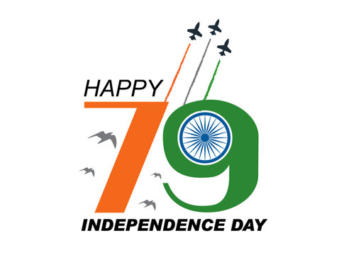 79th India Independence Day Typography Logo Design with Tricolor Concept, Ashoka Chakra, and Fighter Jets for 15 August Celebration Vector Illustration. Air Force Jets Silhouette August 15 Celebration