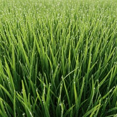 Obraz premium Lush green blades of fresh meadow grass grow densely under bright sunlight, showing delicate morning dew drops and vibrant organic textures, texture, vibrant, field
