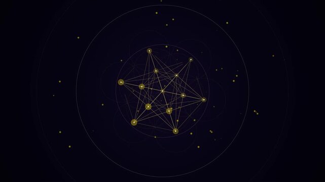 Abstract golden network nodes connecting lines to form geometric constellation on dark background.