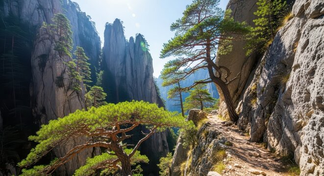 Towering limestone cliffs rise above a narrow winding rocky trail leading through a deep gorge with ancient pine trees and bright sunlight, valley, geology, pine