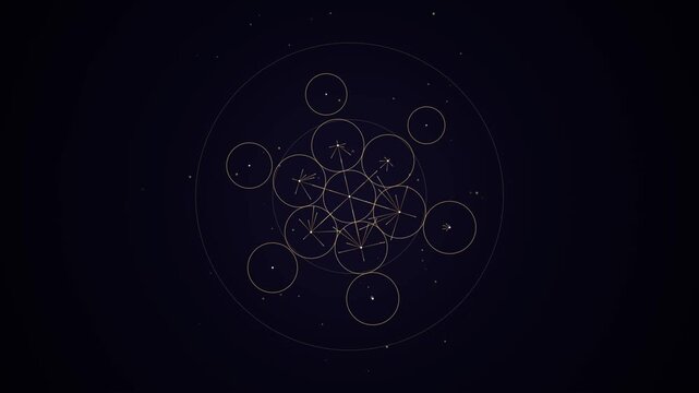 Gold sacred geometry animation forming celestial constellation map on dark background
