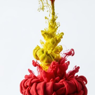 Vibrant abstract background with swirling plumes of yellow and red ink mixing in clear water, creating dynamic shapes and fiery gradients, ethereal, art, soft