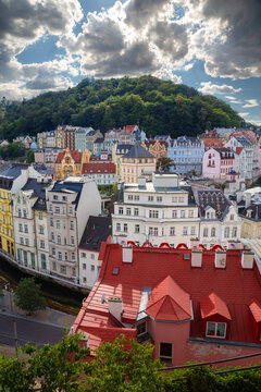 Karlovy Vary, Czech Republic. Aerial image of Karlovy Vary (Carlsbad), located in western Bohemia at beautiful sunny day.