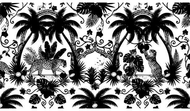 Elegant Tropical Jungle Seamless Pattern with Asian Leopards Coconut Palms and Botanical Ornament Vector