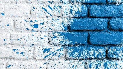 Blue and white splattered brick wall background.