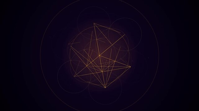 Golden sacred geometry lines rotating in abstract network on dark background.