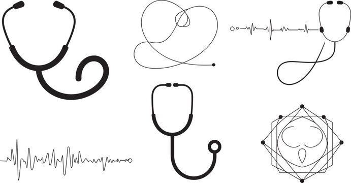 Medical stethoscope and heartbeat line icon set for doctor checkup cardiology hospital healthcare clinic vector