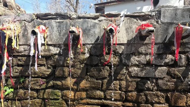 Detail of sacred bull head spouts of the Mukti Dhara 108 waterspouts, Muktinath, Nepal