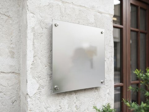 Blank square frosted glass wall plaque mockup mounted on a stone building wall