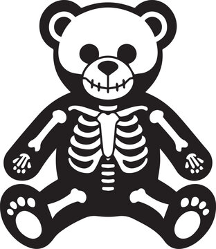 A black and white illustration of a teddy bear with its skeleton visible, symbolizing a blend of childhood innocence and morbid curiosity.