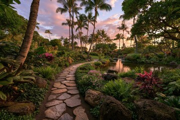 Fototapeta premium Tropical garden stone path winds through palm trees at sunset in a wide angle landscape shot for luxury travel and hospitality marketing