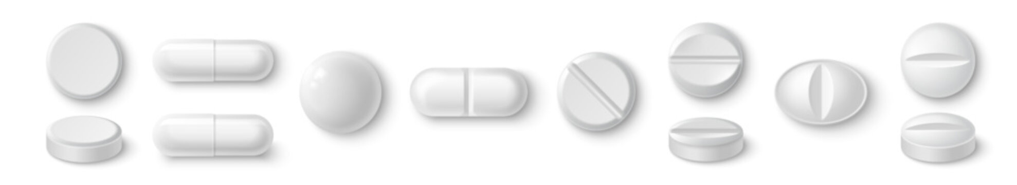 White 3d pill and tablet mockup with realistic shadow, vector set isolated on background. Medical capsule icon for healthcare, pharmacy branding, vitamin packaging, or pharmaceutical design
