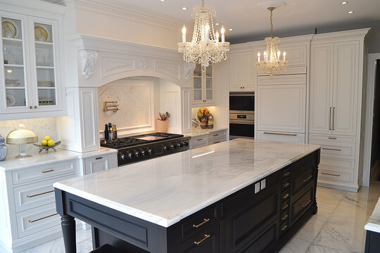 Elegant luxury kitchen interior featuring a black central island with white marble countertop and crystal chandeliers