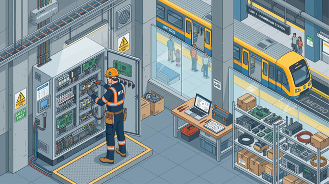 Isometric vector illustration of an electrician technician repairing an electrical control panel in a subway metro station maintenance room with trains and passengers in background