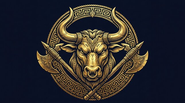 Golden bull head with crossed axes circle emblem.